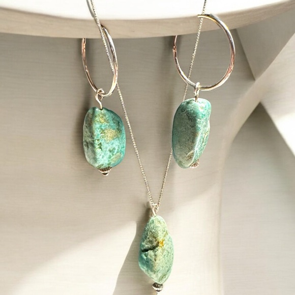 Chrysocolla Nugget Sterling Silver Necklace & Hoop Earrings Set
